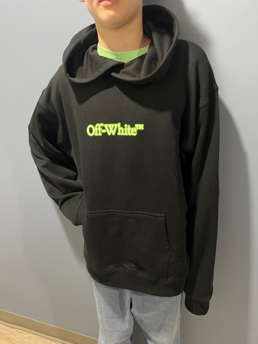 Off-White Black Hoodie with Neon Yellow-Green Logo